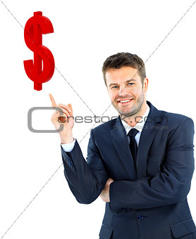 young businessman smiling and points