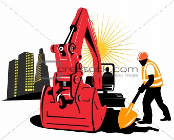 Mechanical digger with building and worker