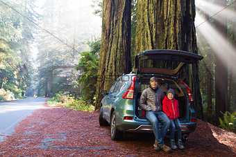 family in redwood forest