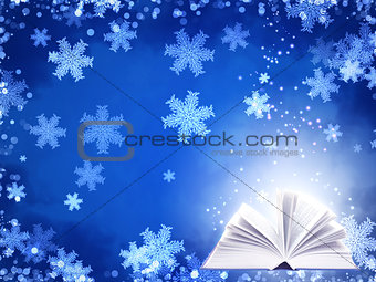 Christmas background of blue color with magic book