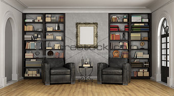 Luxury living room with large bookcase and armchairs