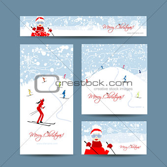 Business cards design. People skiing, winter mountain landscape