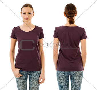 Serious woman with blank dark purple shirt