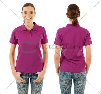Happy woman with blank purple polo shirt