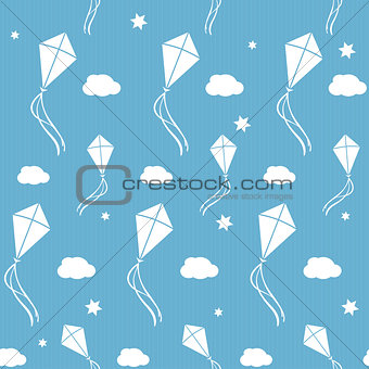 Seamless vector background with white kites in the blue sky
