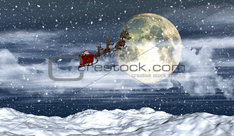 3D snowy landscape with Santa flying in front of the moon