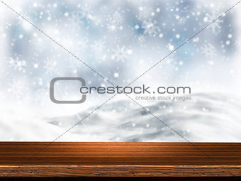 3D wooden table with snowy background