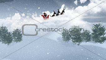 3D Santa and his sleigh flying over a snowy landscape