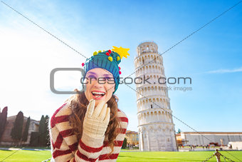 Woman in Christmas tree hat near Leaning Tour of Pisa