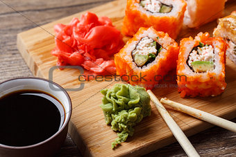 Closeup of sushi with soy sauce