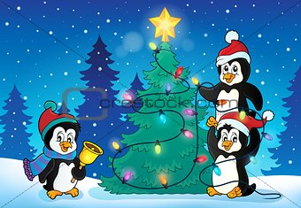 Penguins near Christmas tree theme 4