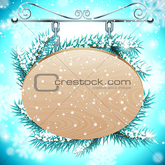 Wood board on Snow Background