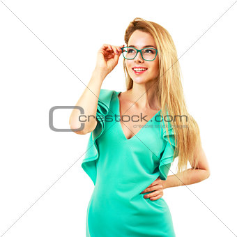 Smiling Young Woman in Glasses Isolated on White