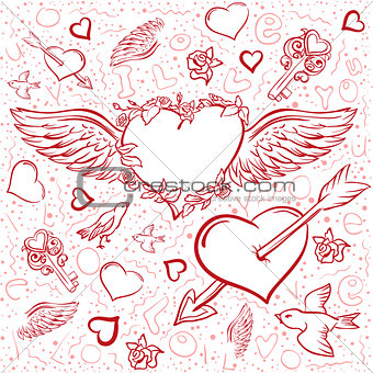 Red heart wings. Heart pierced by an arrow. Seamless background symbol Valentines Day