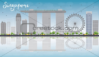 Singapore skyline with grey landmarks, blue sky and reflections