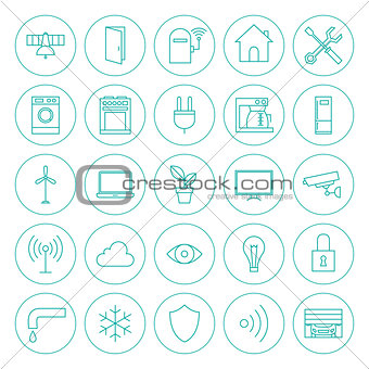 Line Circle Smart Home Technology Icons Set