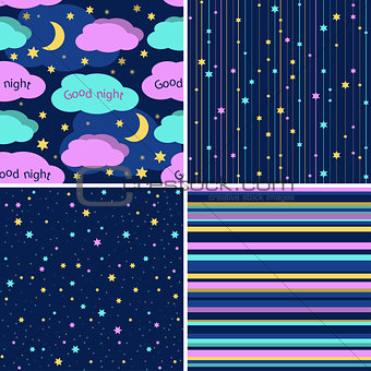 Good Night seamless pattern set. Seamless vector backgrounds with colorful stars and stripes