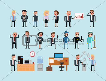 Set of pixel art people icons, office work vector illustration