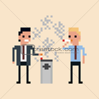 pixel art Illustration of office workers smoking a cigarette