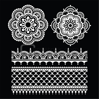 Mehndi, Indian Henna tattoo white seamless pattern on black