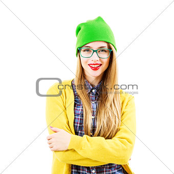 Smiling Street Style Hipster Girl Isolated at White Background