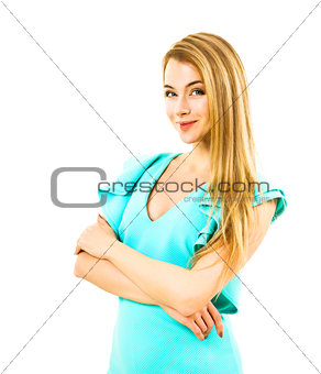 Smiling Foxy Woman in Turquoise Dress Isolated on White