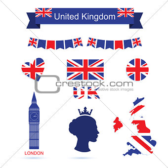United Kingdom symbols. UK flag icons set.