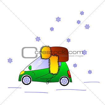 Green car in hat, winter illustration