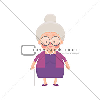Old Lady In Purple Dress with Walking Stick