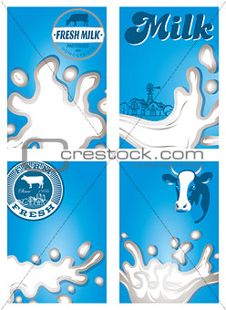 set of patterns with milk, dairy jet sprays, streams for design of packaging