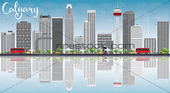 Calgary Skyline with Gray Buildings, Blue Sky and Reflections.