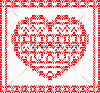 Knitted vector pattern with red heart. 