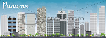 Panama City skyline with grey skyscrapers and blue sky