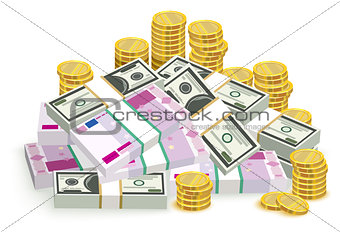 Money banknotes and coins. Money euro and dollars. Bundle of money