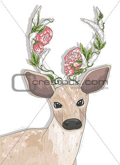 Cute hipster deer with flowers on his horns.