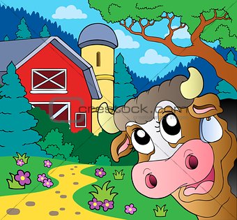 Farm theme with lurking cow