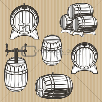 Vector set of barrels in vintage style.