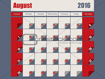 Gray Red colored 2016 august calendar
