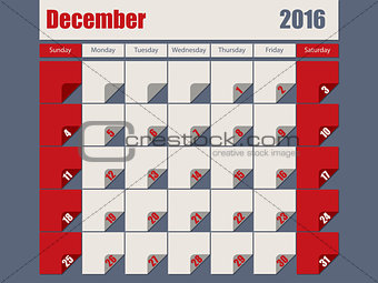 Gray Red colored 2016 december calendar