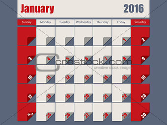 Gray Red colored 2016 january calendar