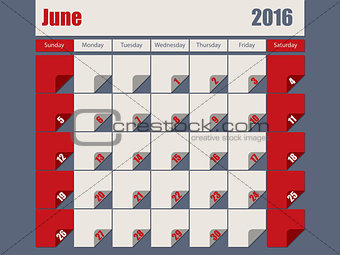 Gray Red colored 2016 june calendar