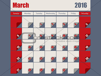 Gray Red colored 2016 march calendar