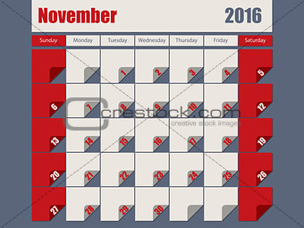 Gray Red colored 2016 november calendar