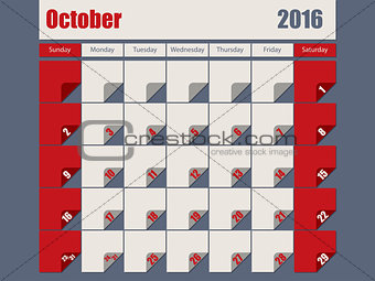 Gray Red colored 2016 october calendar