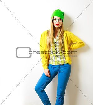 Hipster Girl at White Background. Spring Fashion. Not Isolated.