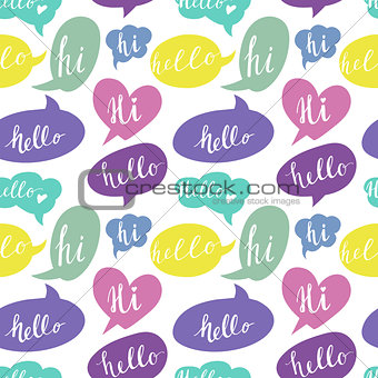 Speech bubbles with Hello and Hi words. Seamless pattern.
