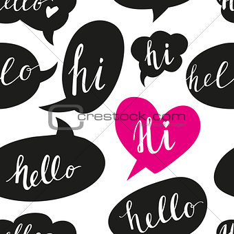 Speech bubbles with Hello word seamless pattern.