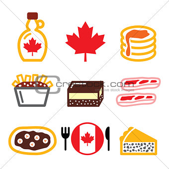 Canadian food icons - maple syrup, poutine, nanaimo bar, beaver tale, tourtiere