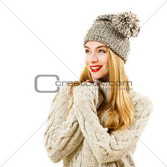 Happy Woman in Winter Sweater and Hat