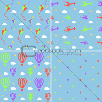 Vector seamless pattern set with helicopters, hot air balloons, kites and stars